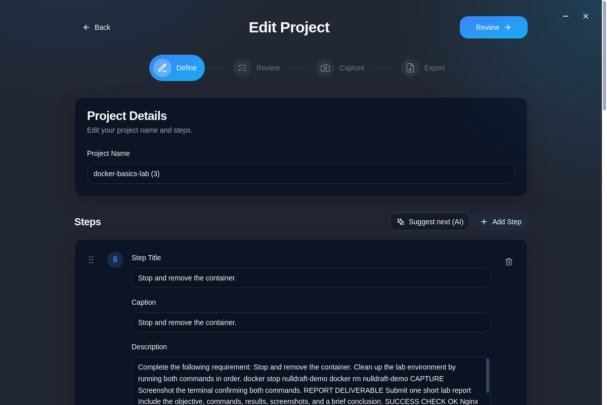 NullDraft project editor with a defined project and detailed procedural steps