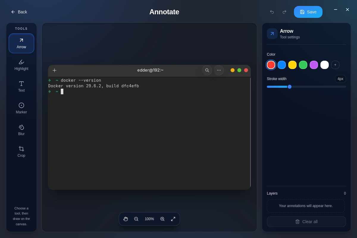 NullDraft annotation workspace with a terminal screenshot and arrow tools