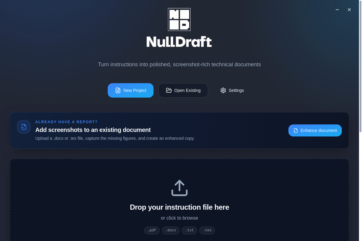 NullDraft welcome screen for creating a project or enhancing an existing document