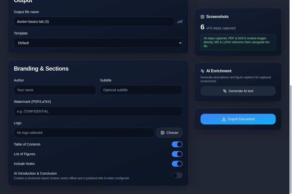 NullDraft export settings for document branding, sections, and AI enrichment