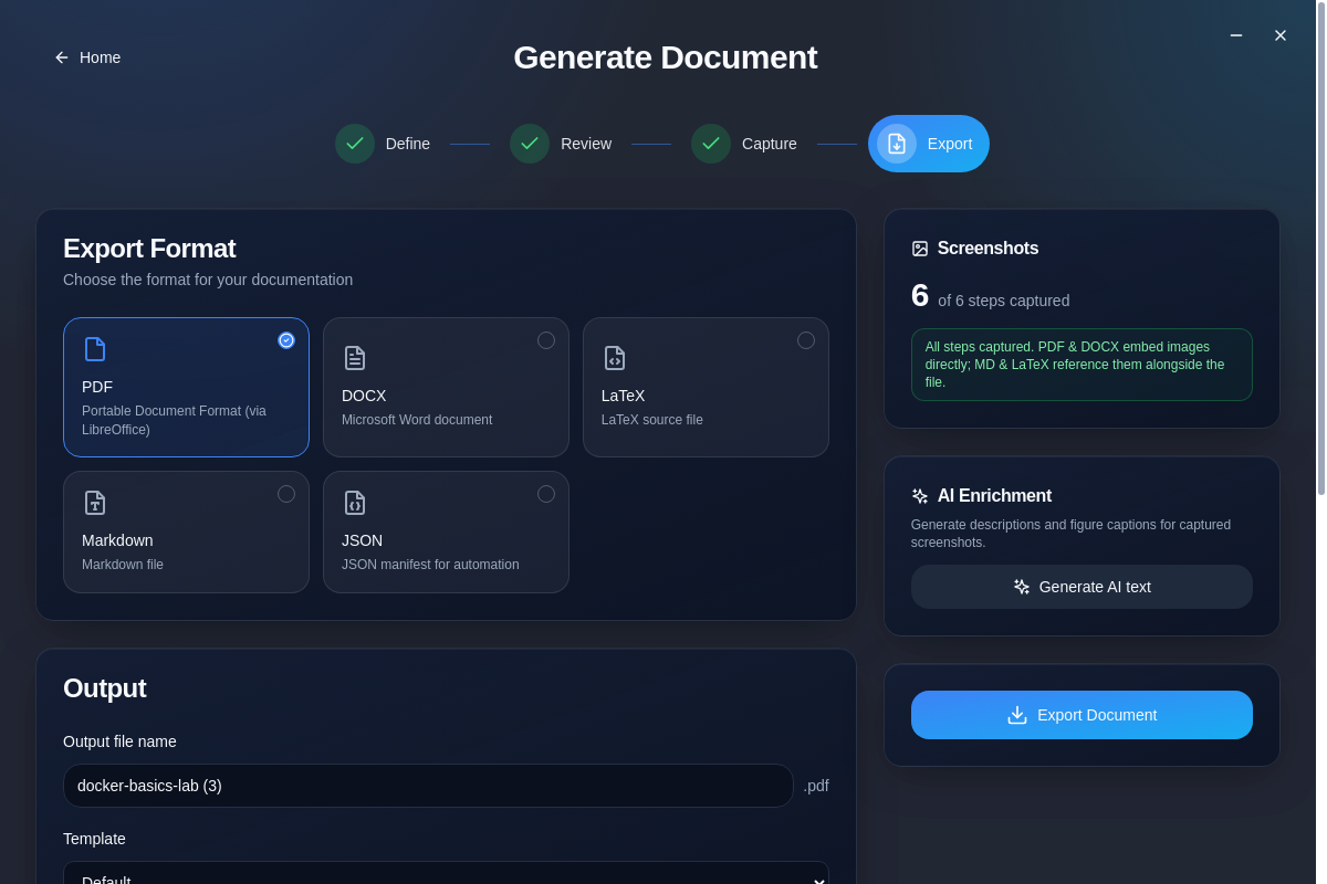 NullDraft export screen with options for PDF, DOCX, LaTeX, Markdown, and JSON