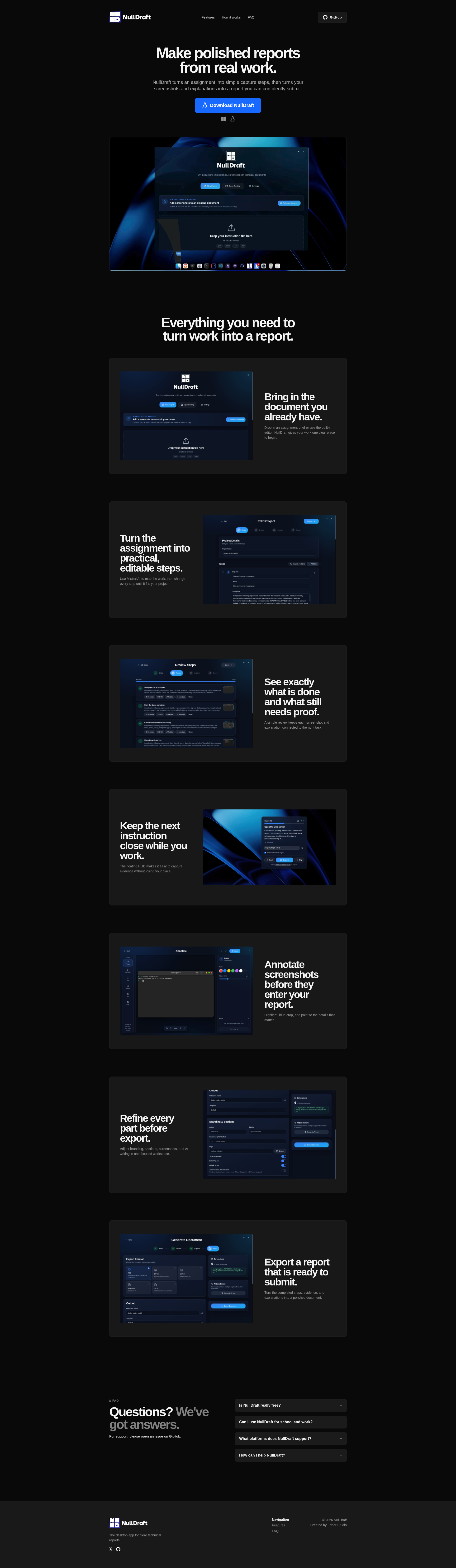 Full NullDraft landing page from the product introduction through the final call to action