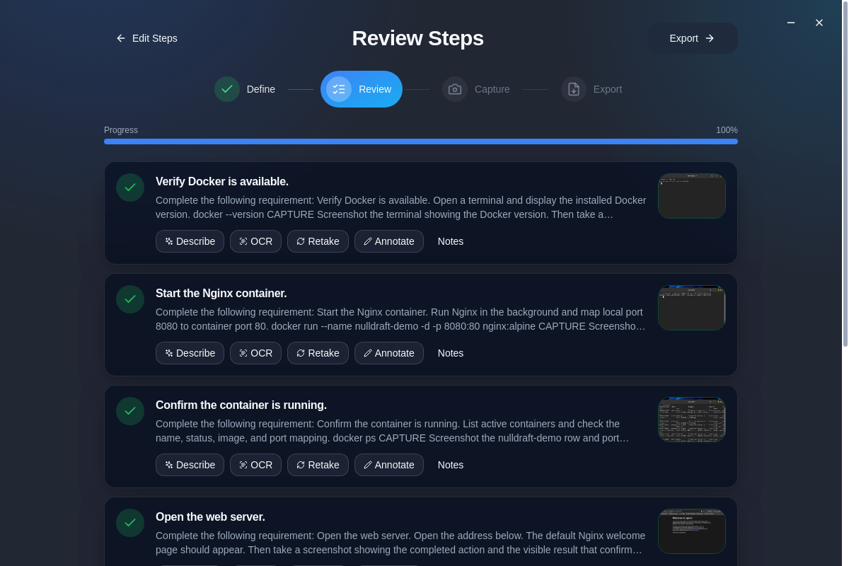 NullDraft review screen showing a sequence of completed documentation steps