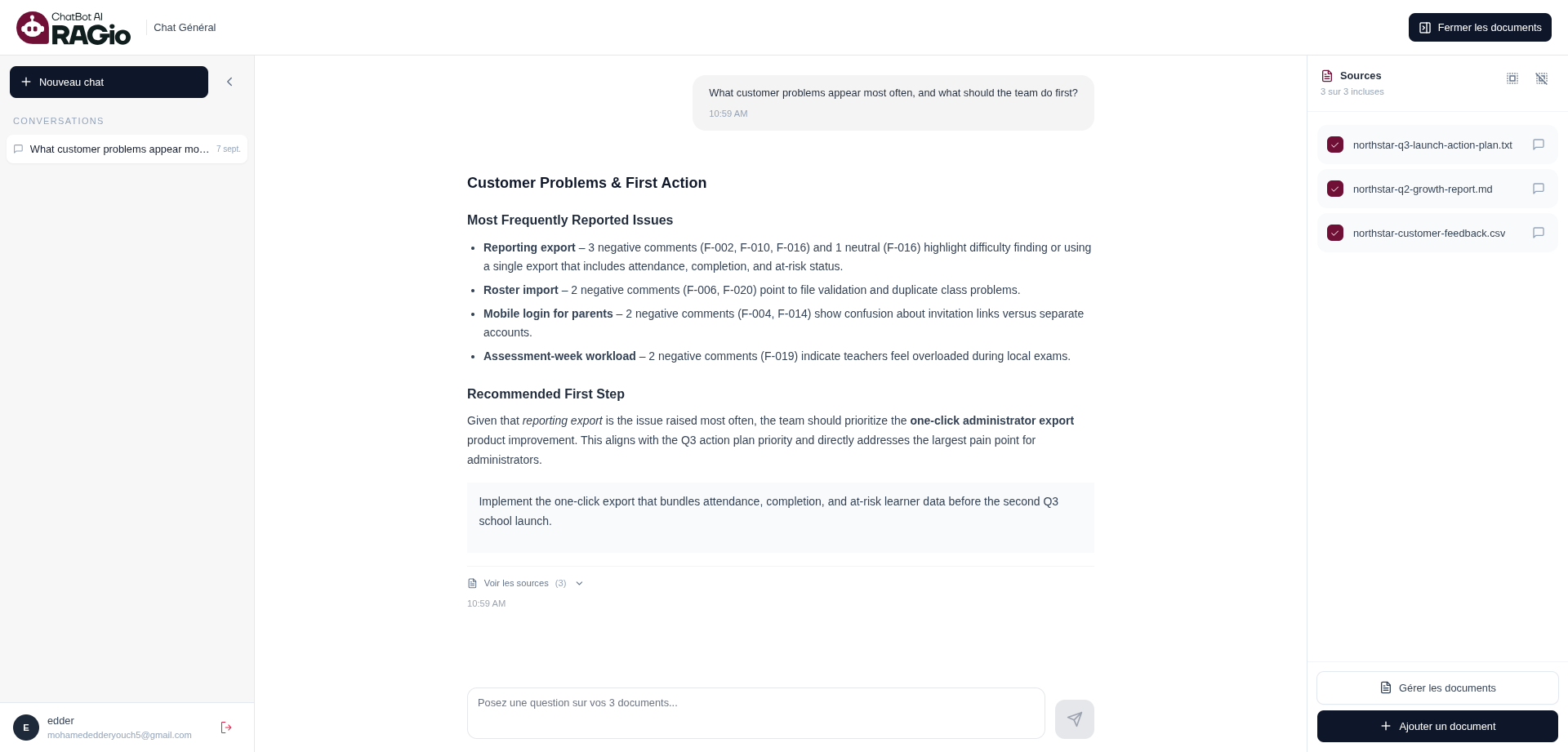 RAGio workspace with a multi-document answer and source citations