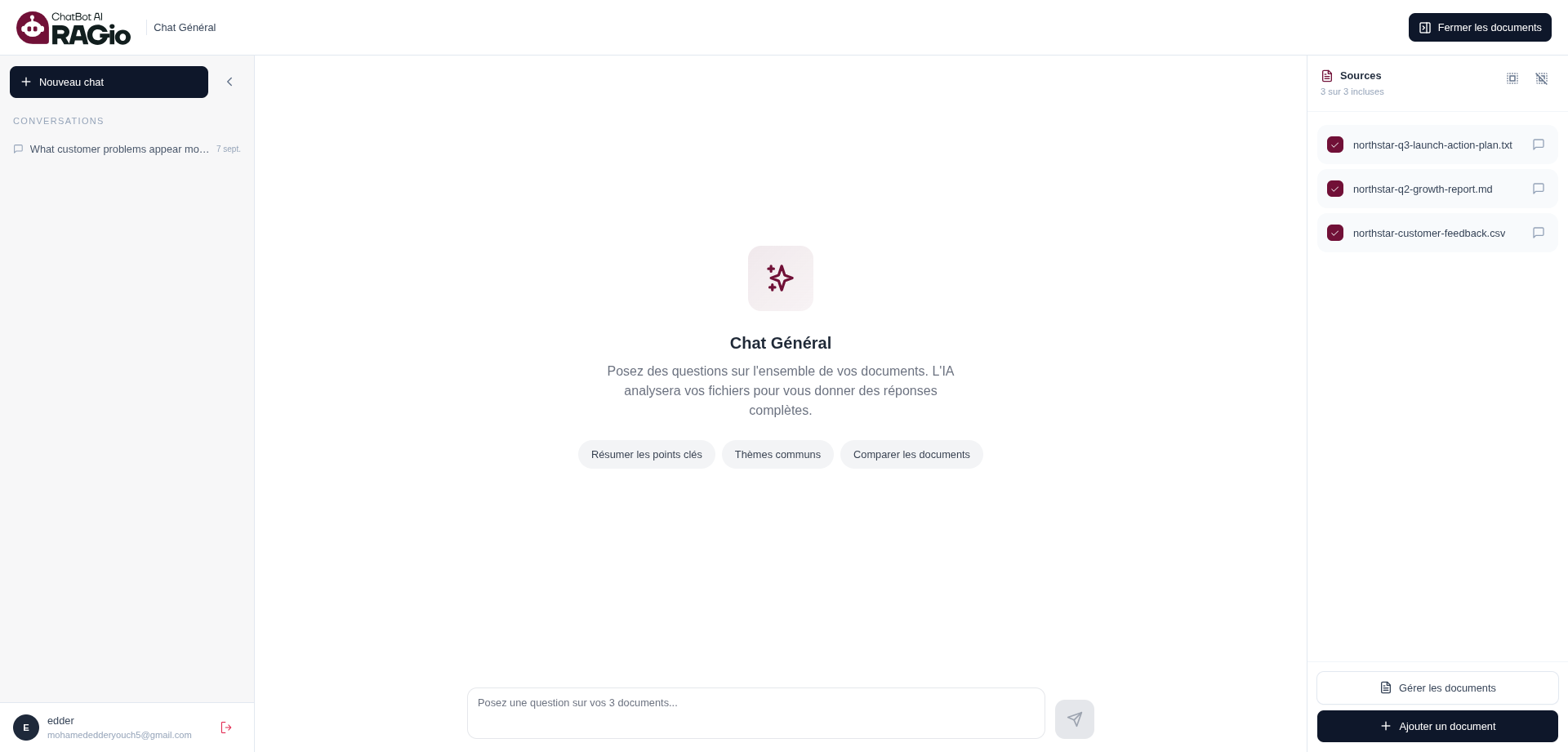 RAGio dashboard with document list and chat workspace